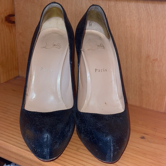 Christian Louboutin Black Textured Leather Red Bottom High Heel Platform Pumps - Picture 7 of 14